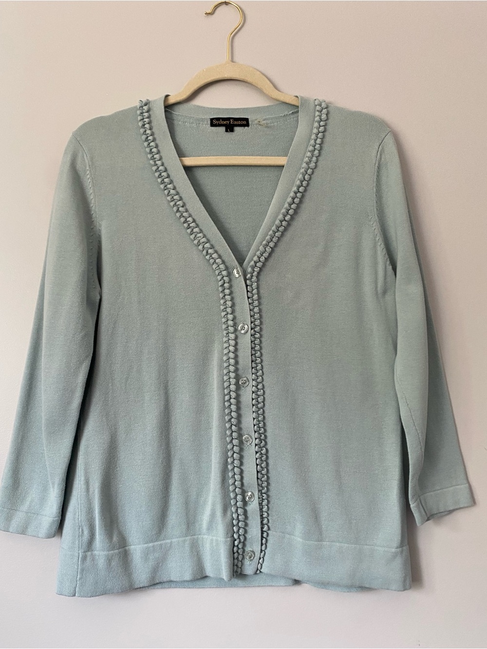Sydney Easton Sage Green Embellished Trim Cotton Cardigan, Size L
